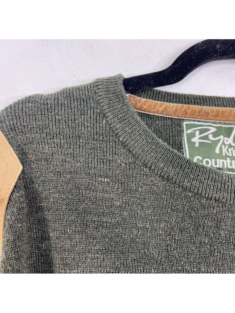 SOLD Rydale UK hunter green wool blend tan suede detail crew neck sweater XXL - Picture 10 of 13